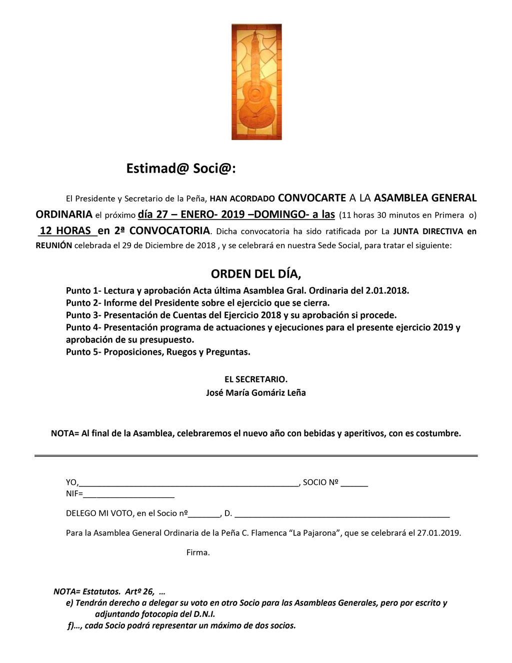 Convocatoria Asamblea General Ordinaria 27 enero de 2019